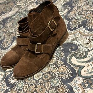 Aldo brown suede buckle booties, size 7.5